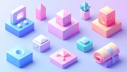Fototapeta premium Isometric pastel shapes in a vibrant gradient create a modern abstract illustration
