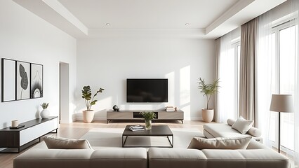 Fototapeta premium Minimalist living room with modern furniture and natural light, showcasing clean contemporary design.