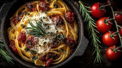 Classic Italian Spaghetti al Pomodoro with Parmesan on Dark Background, Copy Space for Takeaway Promo
