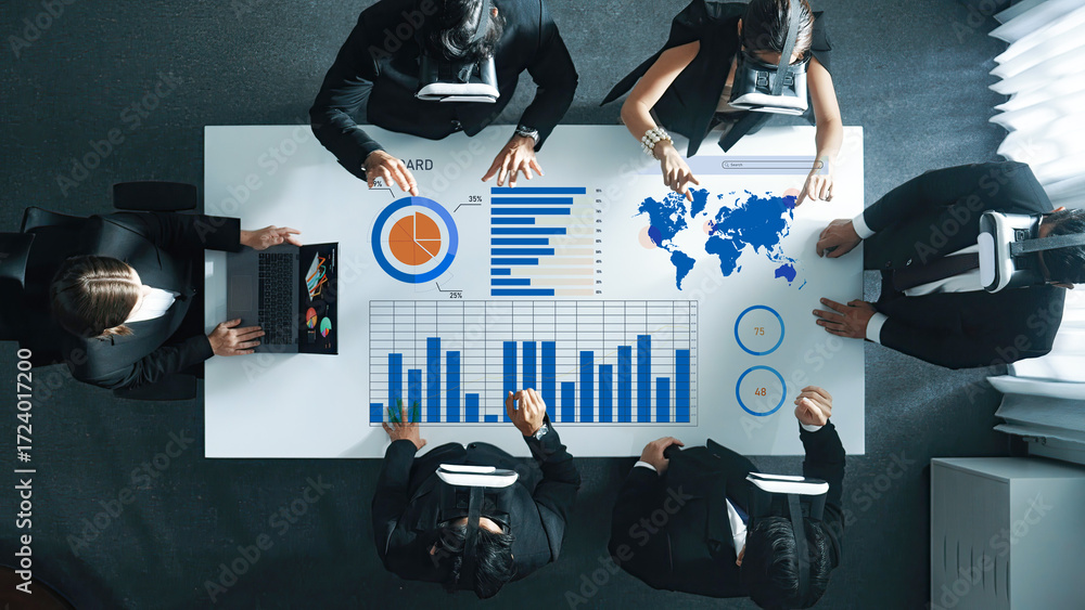 Poster a diverse business team engages in collaborative data analysis using virtual reality technology in a