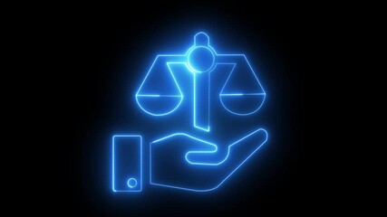 hand icon carrying a scale icon judgement law justice animation scale with neon effect Neon Justice Scale Icon Representing Law, Equality, 4k Video ,motion video ,black background