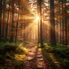 Obraz premium Hiking trail in forest with sunlight rays