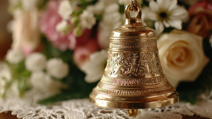 Gold bell resting on lace fabric surrounded by assorted flowers in soft colors creating a beautiful and elegant composition suitable for decoration or celebration.