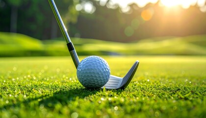Golf club poised over a ball on a vibrant green course at sunrise