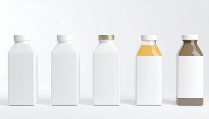 Blank juice bottles in various colors on white background