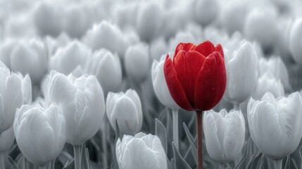 A vibrant red tulip stands out amidst a field of grayscale tulips