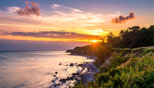 Coastal sunset over a rocky shoreline - Powered by Adobe