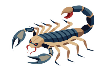 Detailed scorpion with segmented body and large pincers stands menacingly against a white backdrop