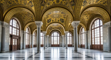 Fototapeta premium Ornate Golden Hallway with Arched Ceilings and Grand Windows