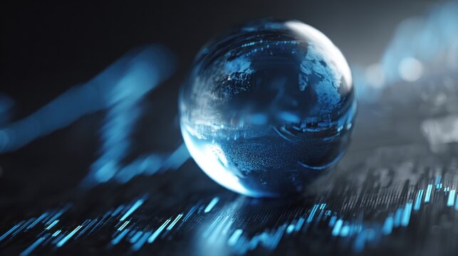 Globe with blue light effects over stock market data abstract background.