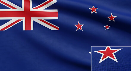 Closeup of the new zealand flag waving gently, displaying the union jack in the canton and the four red stars representing the southern cross constellation, symbolizing the nations connection to the c