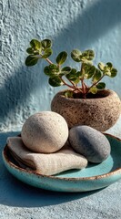 Serene spa stones and vibrant green plant in textured pot offer a calming, peaceful wellness scene for mindful relaxation and natural beauty concepts