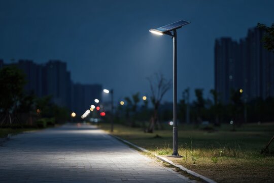 Night scene of a paved path with solar-powered street lights illuminating the way