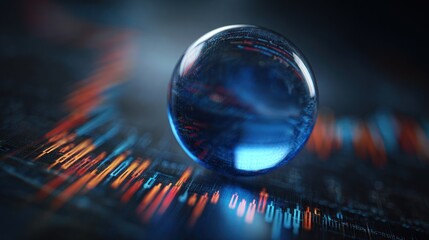 Blue sphere sits on a surface with colorful lines and light effects.