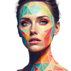 Womans face with geometric colorful pattern makeup isolated on transparent background