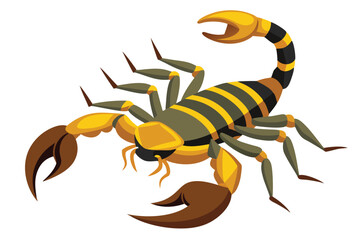 Striking scorpion displays yellow and black stripes, holding large brown pincers powerfully open