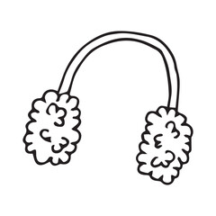 earmuffs line drawing in cozy hand drawn black and white winter accessory illustration. Vector hand drawn illustration for postcards, logo, stikers, polygraphy and social media. 