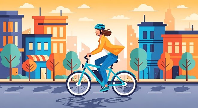 Woman Cycling Through Cityscape. - Powered by Adobe