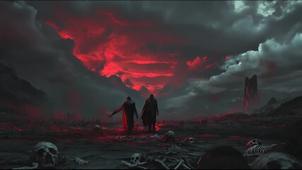 Two cloaked warriors walking through a post-apocalyptic battlefield littered with skulls and bones, beneath a stormy red sky filled with lightning and dark clouds - Powered by Adobe