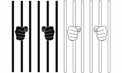 Vector illustration of prisoner hands gripping jail bars in silhouette and outline style. Symbol or icon of prison, crime, law, justice, punishment, freedom, and security concept.