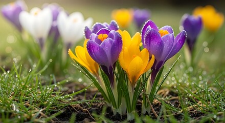 Crocus flowers in vibrant spring hues dancing in a garden landscape