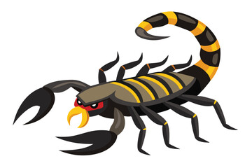 Cartoon scorpion with black and yellow stripes shows its threatening pincers on white background