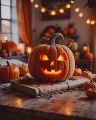 Halloween pumpkin made of plush toy. Realistic