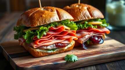 High-resolution stock photo close-up of two club sandwiches with bacon, salami, prosciutto, and fresh vegetables on a rustic wooden