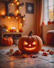 Halloween pumpkin made of plush toy. Realistic
