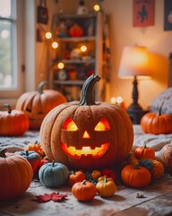 Halloween pumpkin made of plush toy. Realistic