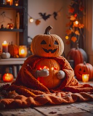 Halloween pumpkin made of plush toy. Realistic