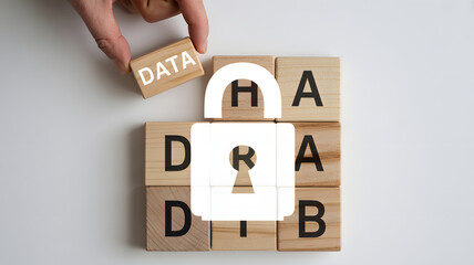Hand placing data block on wooden blocks with letters and padlock overlay on white background flat lay