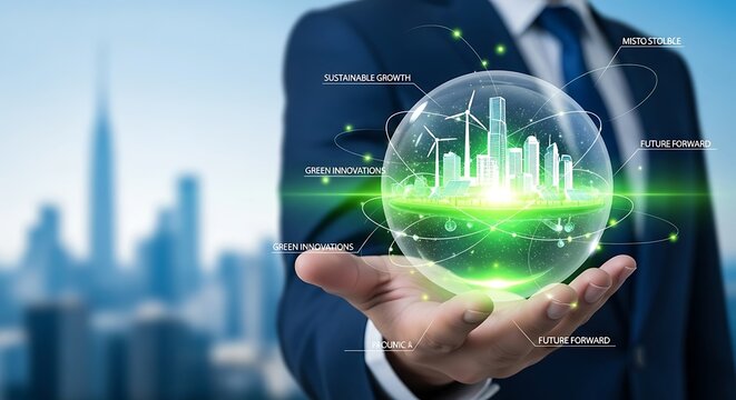 Businessman holding a glowing transparent egg containing a futuristic city with bright green lights and digital data overlays against a blurred cityscape background