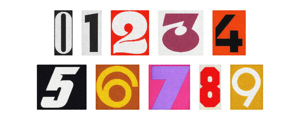 Magazine cutout numbers 0–9, colorful collage set on transparent PNG
