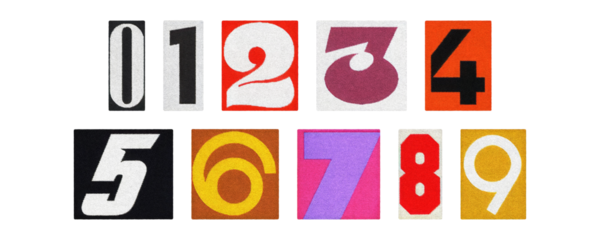 Magazine cutout numbers 0–9, colorful collage set on transparent PNG
