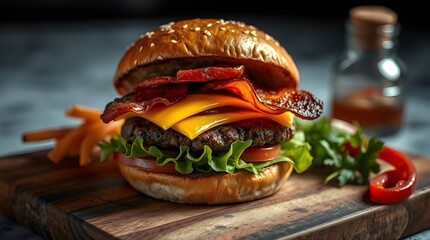 High-angle, dreamlike, surreal close-up of a hamburger with bacon, processed cheese, and fresh vegetables on a rustic wooden cutting board. 