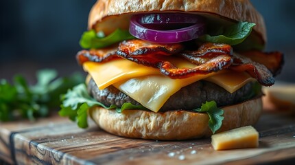 Extreme macro close-up of a hamburger with bacon, processed cheese, and fresh vegetables on a rustic wooden cutting board.