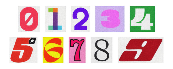 Colorful numerals 0–9 from magazine cutouts, isolated on transparent PNG
