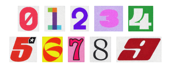 Colorful numerals 0–9 from magazine cutouts, isolated on transparent PNG
