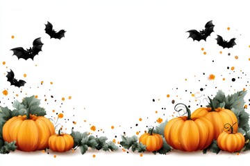A charming Halloween-themed border with pumpkins, green leaves, bats, and orange and black confetti on a clean white background, perfect for copy space.