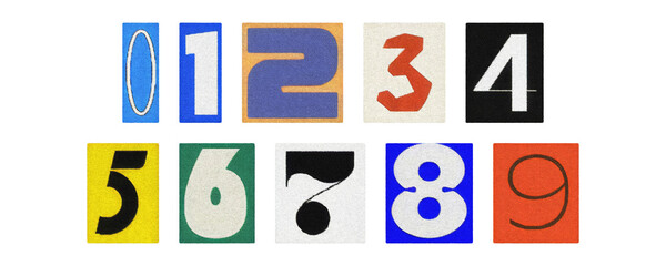Colorful numerals 0–9 from magazine cutouts, isolated on transparent PNG
