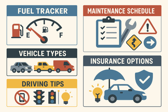 Car ownership infographic with sections on fuel maintenance vehicle types driving tips and insurance