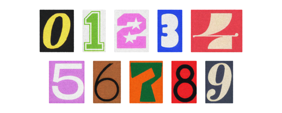 Magazine cutout numbers 0–9, colorful collage set on transparent PNG
