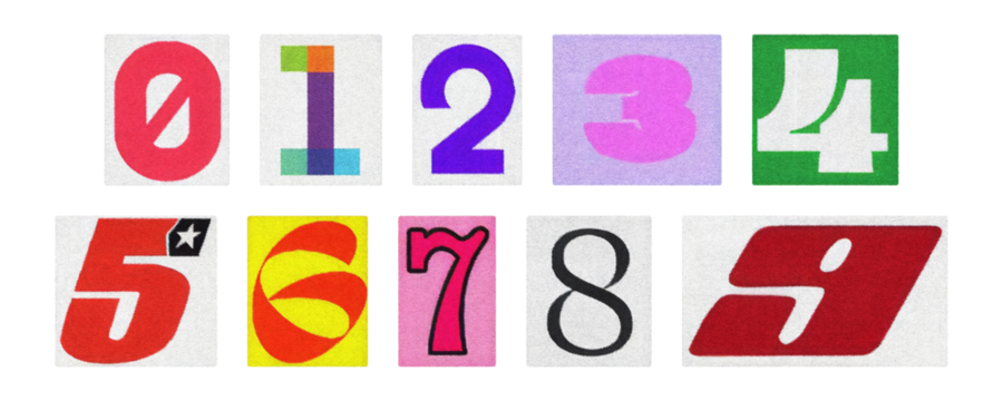 Colorful numerals 0–9 from magazine cutouts, isolated on transparent PNG
