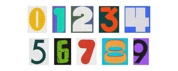 Bold multicolor paper numerals 0–9, magazine clippings on transparent PNG
