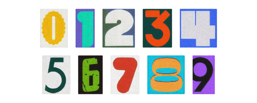 Bold multicolor paper numerals 0–9, magazine clippings on transparent PNG
