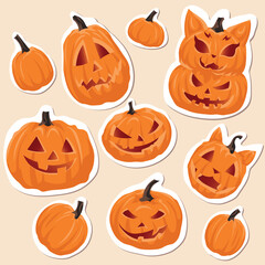 Set of halloweeen stickers of pumpkin on a beige background. Happy halloween set. Holiday cartoon character collection for celebration design.