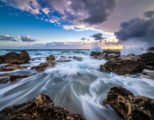 Dramatic coastal waves crashing on rocks at sunset