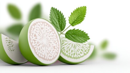 Slices of a vibrant green citrus fruit with a unique floral pattern inside, accented by fresh green leaves