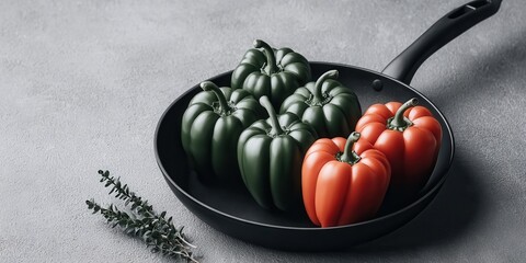 A dark pan holds vibrant green and orange bell peppers, ready for cooking